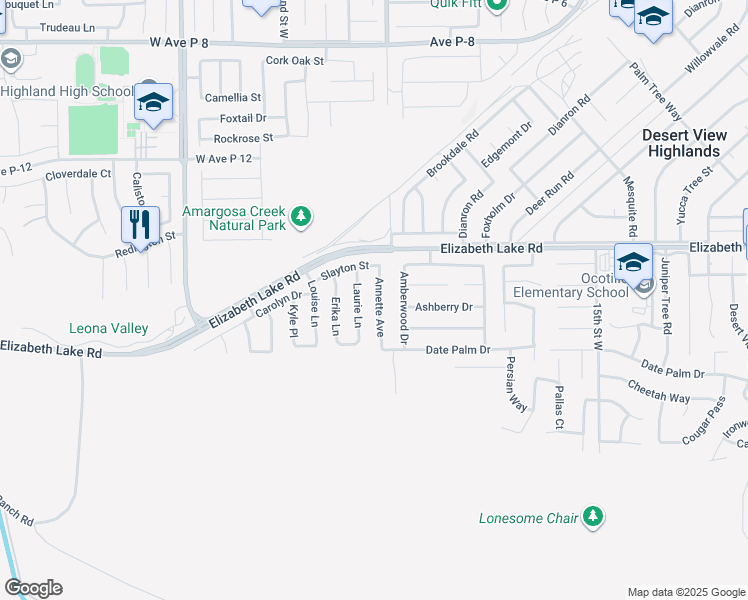 map of restaurants, bars, coffee shops, grocery stores, and more near 38661 Annette Avenue in Palmdale