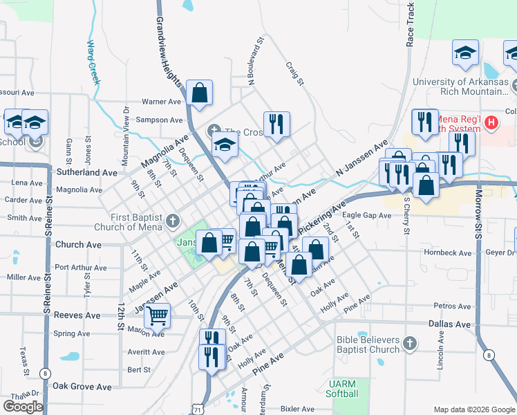map of restaurants, bars, coffee shops, grocery stores, and more near 601 4th Street in Mena