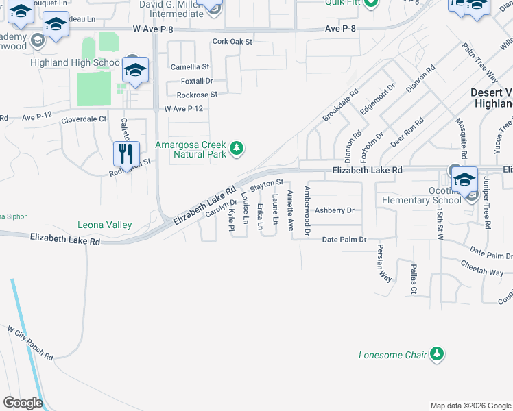 map of restaurants, bars, coffee shops, grocery stores, and more near 38704 Louise Lane in Palmdale