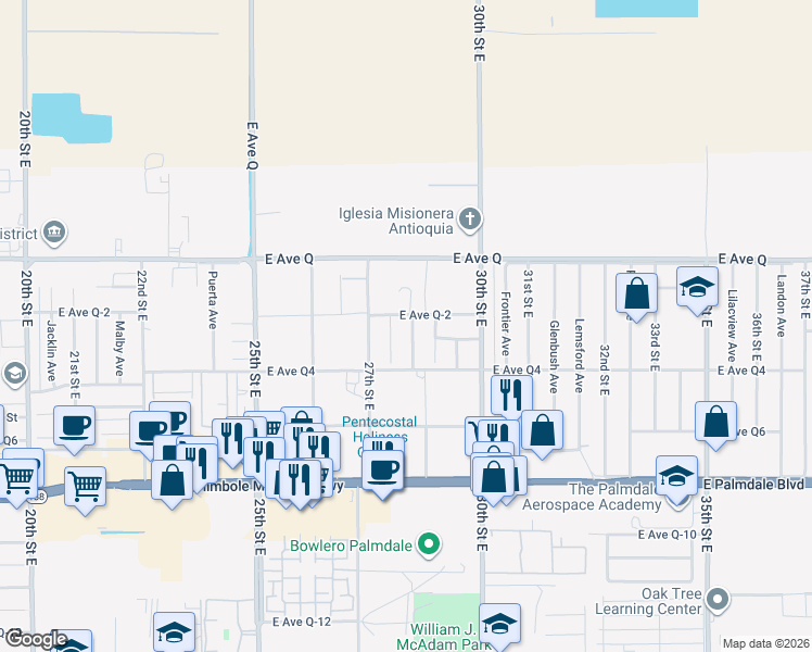 map of restaurants, bars, coffee shops, grocery stores, and more near 38651 28th Street East in Palmdale