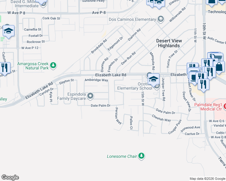 map of restaurants, bars, coffee shops, grocery stores, and more near 38667 Panther Drive in Palmdale