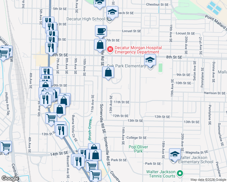 map of restaurants, bars, coffee shops, grocery stores, and more near 1302 Morningside Court Southeast in Decatur