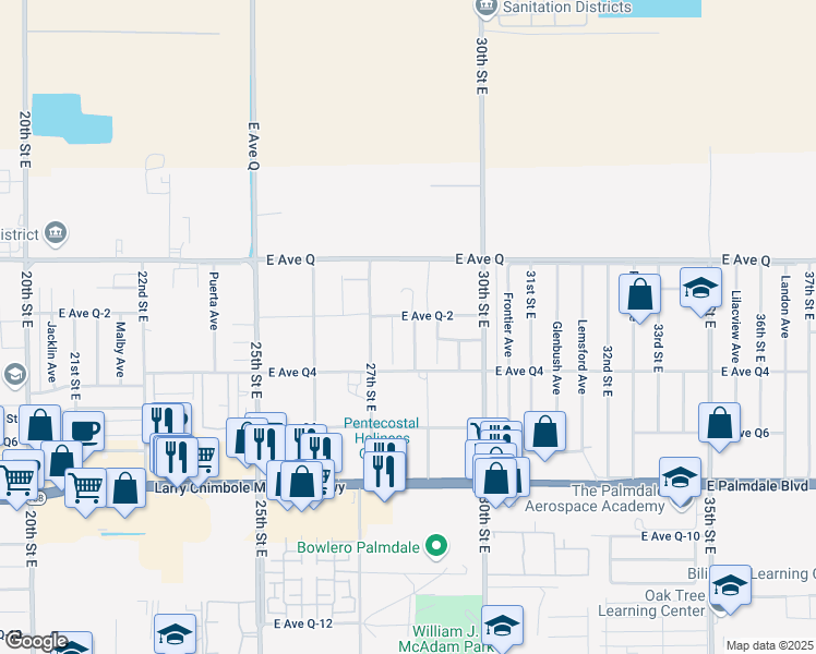 map of restaurants, bars, coffee shops, grocery stores, and more near 38651 28th Street East in Palmdale
