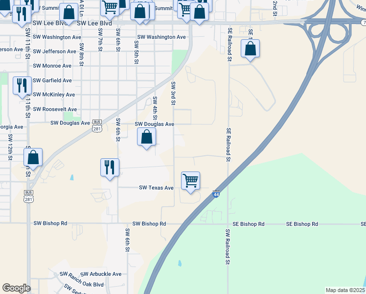 map of restaurants, bars, coffee shops, grocery stores, and more near 2102 Southwest 3rd Street in Lawton