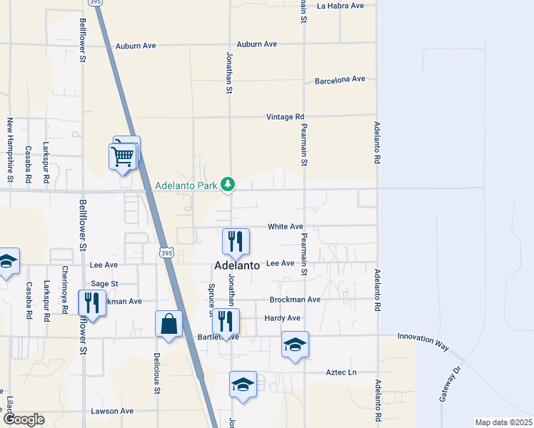 map of restaurants, bars, coffee shops, grocery stores, and more near 11800 White Avenue in Adelanto