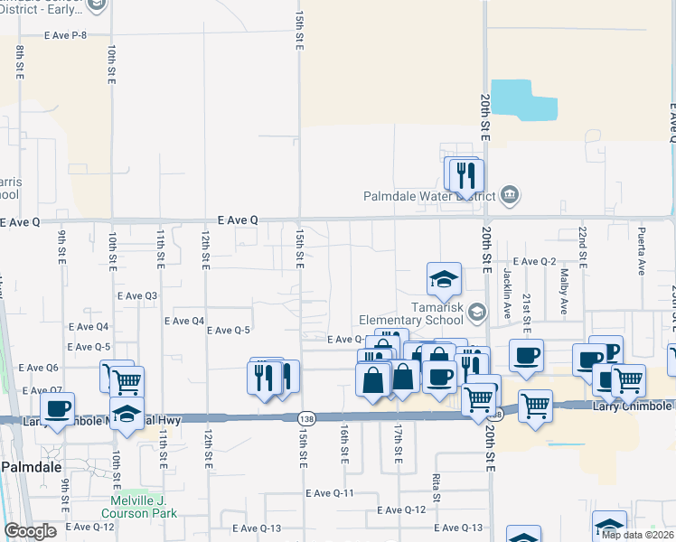 map of restaurants, bars, coffee shops, grocery stores, and more near 38707 16th Street East in Palmdale
