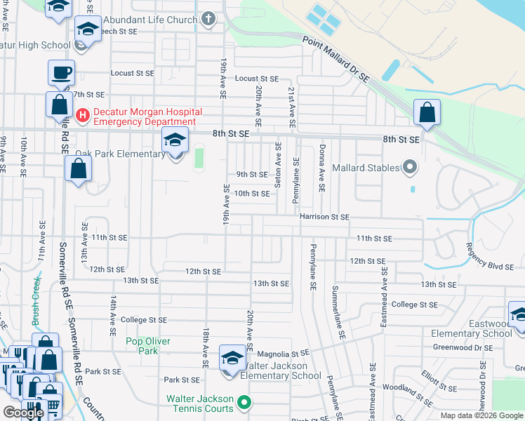 map of restaurants, bars, coffee shops, grocery stores, and more near 2002 Harrison Street Southeast in Decatur