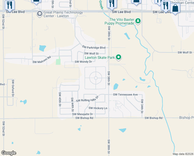map of restaurants, bars, coffee shops, grocery stores, and more near 2101 Southwest 38th Street in Lawton