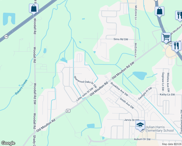 map of restaurants, bars, coffee shops, grocery stores, and more near 2705 King Arthur Court Southwest in Decatur