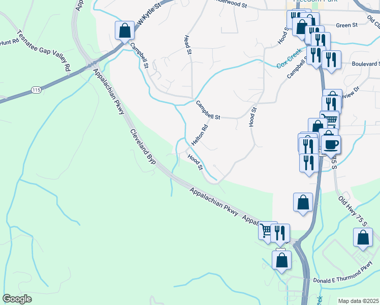 map of restaurants, bars, coffee shops, grocery stores, and more near 187 Helton Road in Cleveland