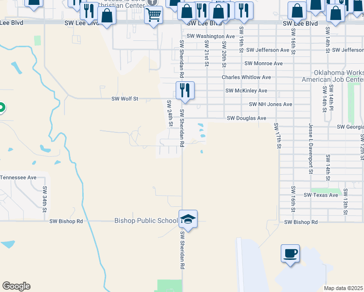 map of restaurants, bars, coffee shops, grocery stores, and more near 2301 Southwest New York Avenue in Lawton