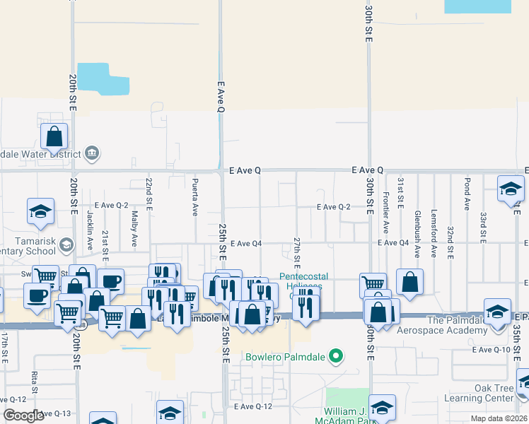 map of restaurants, bars, coffee shops, grocery stores, and more near 38658 26th Street East in Palmdale