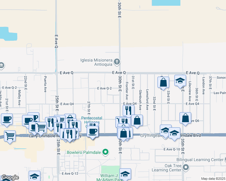 map of restaurants, bars, coffee shops, grocery stores, and more near 2832 East Avenue Q2 in Palmdale