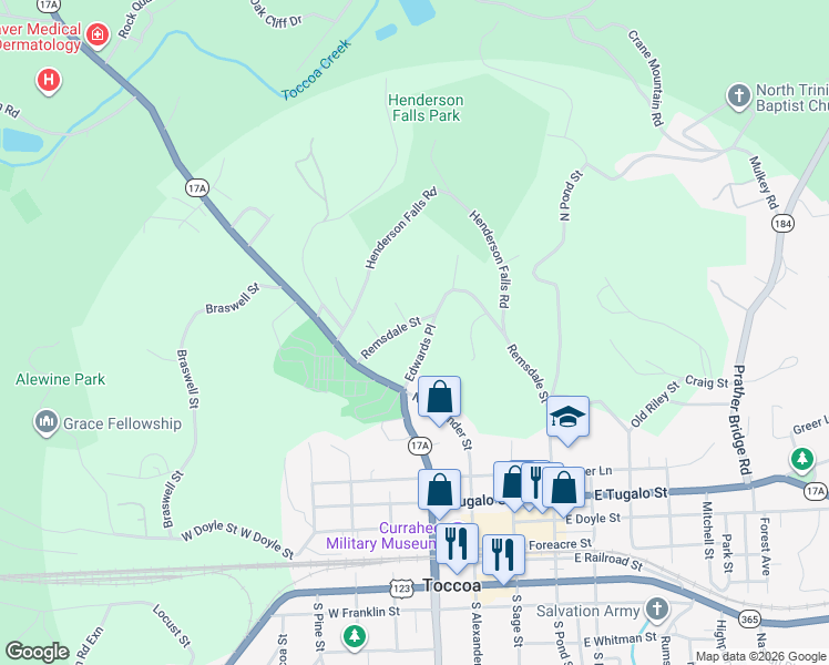 map of restaurants, bars, coffee shops, grocery stores, and more near 40 Remsdale Street in Toccoa