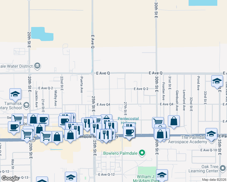map of restaurants, bars, coffee shops, grocery stores, and more near 38658 26th Street East in Palmdale