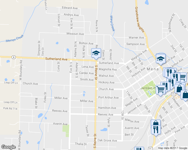 map of restaurants, bars, coffee shops, grocery stores, and more near 301 South Reine Street in Mena