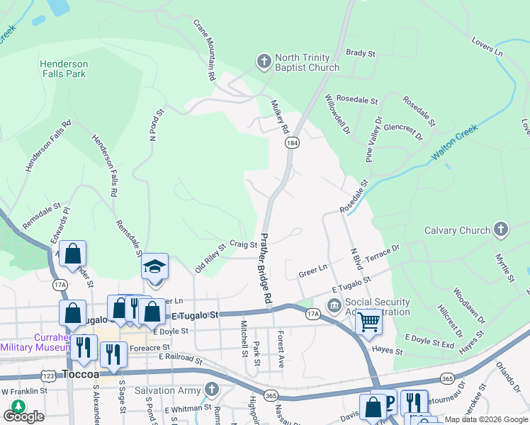map of restaurants, bars, coffee shops, grocery stores, and more near 380 Prather Bridge Road in Toccoa