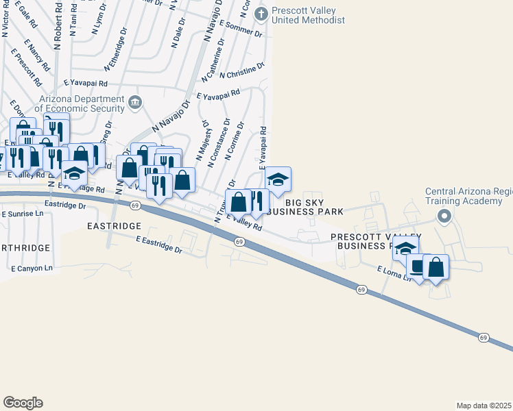 map of restaurants, bars, coffee shops, grocery stores, and more near 2924 North Yavapai Road East in Prescott Valley