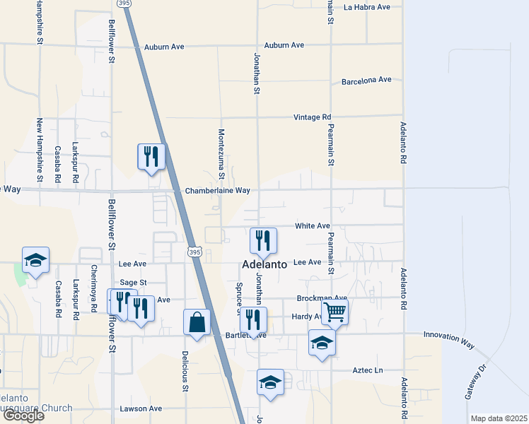 map of restaurants, bars, coffee shops, grocery stores, and more near 18415 Jonathan Street in Adelanto