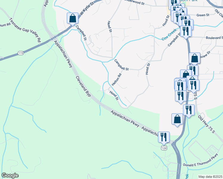 map of restaurants, bars, coffee shops, grocery stores, and more near 187 Helton Road in Cleveland
