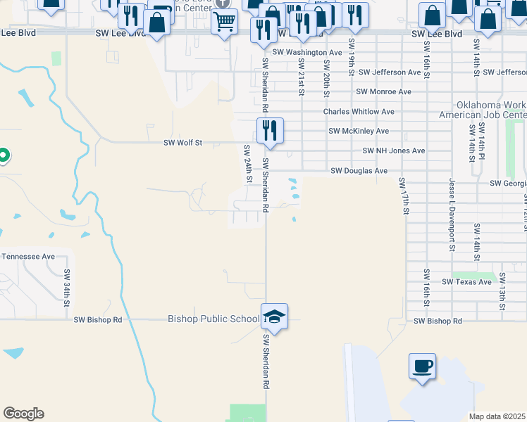 map of restaurants, bars, coffee shops, grocery stores, and more near 2301-2321 Southwest New York Avenue in Lawton