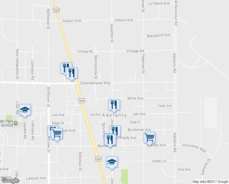map of restaurants, bars, coffee shops, grocery stores, and more near 18415 Jonathan Street in Adelanto