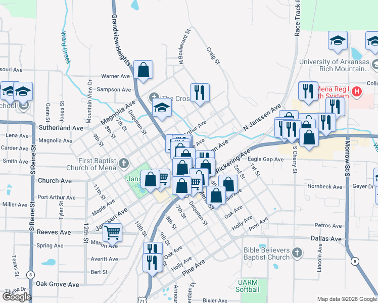 map of restaurants, bars, coffee shops, grocery stores, and more near 601 4th Street in Mena