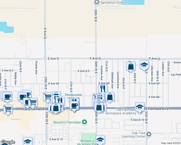 map of restaurants, bars, coffee shops, grocery stores, and more near 2832 East Avenue Q2 in Palmdale