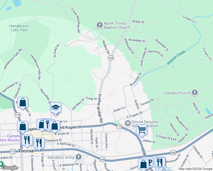 map of restaurants, bars, coffee shops, grocery stores, and more near 380 Prather Bridge Road in Toccoa