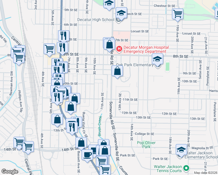 map of restaurants, bars, coffee shops, grocery stores, and more near 1405 Somerville Rd SE in Decatur
