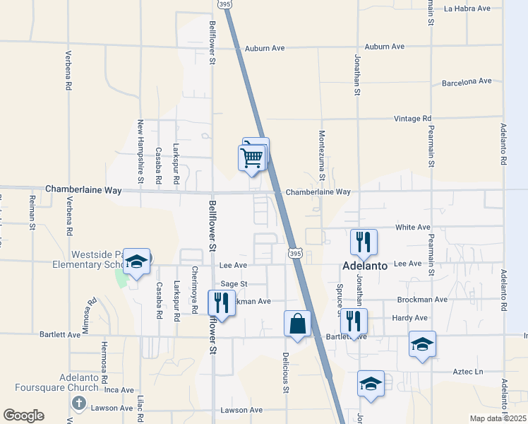 map of restaurants, bars, coffee shops, grocery stores, and more near 11423 Chamberlaine Way in Adelanto