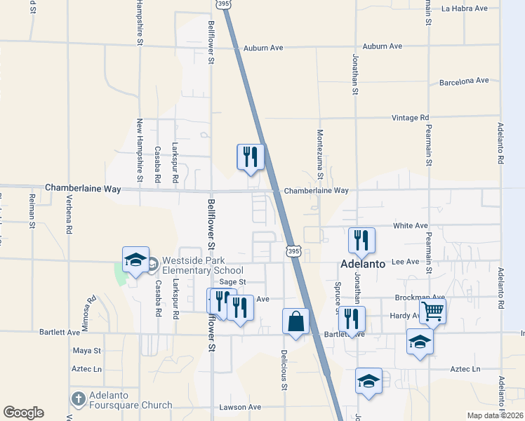 map of restaurants, bars, coffee shops, grocery stores, and more near 11423 Chamberlaine Way in Adelanto