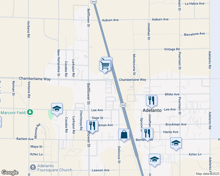 map of restaurants, bars, coffee shops, grocery stores, and more near 11423 Chamberlaine Way in Adelanto