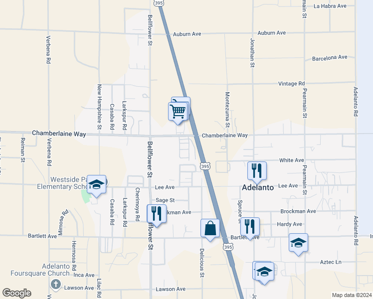 map of restaurants, bars, coffee shops, grocery stores, and more near 11423 Chamberlaine Way in Adelanto