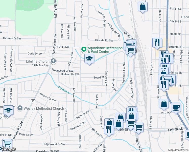 map of restaurants, bars, coffee shops, grocery stores, and more near 304 Beard Street in Decatur