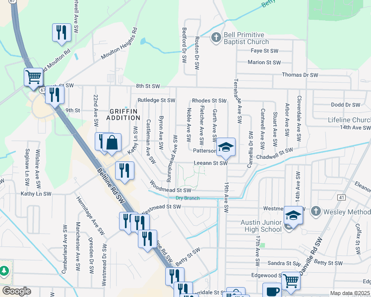 map of restaurants, bars, coffee shops, grocery stores, and more near 1313 Noble Avenue Southwest in Decatur