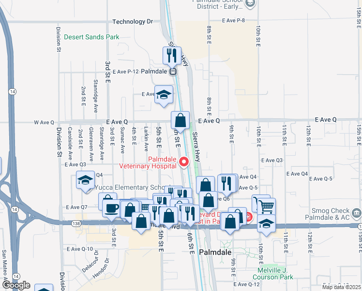 map of restaurants, bars, coffee shops, grocery stores, and more near 38644 6th Street East in Palmdale
