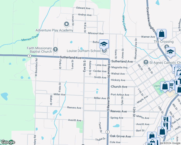 map of restaurants, bars, coffee shops, grocery stores, and more near 1810B Adams Street South in Mena