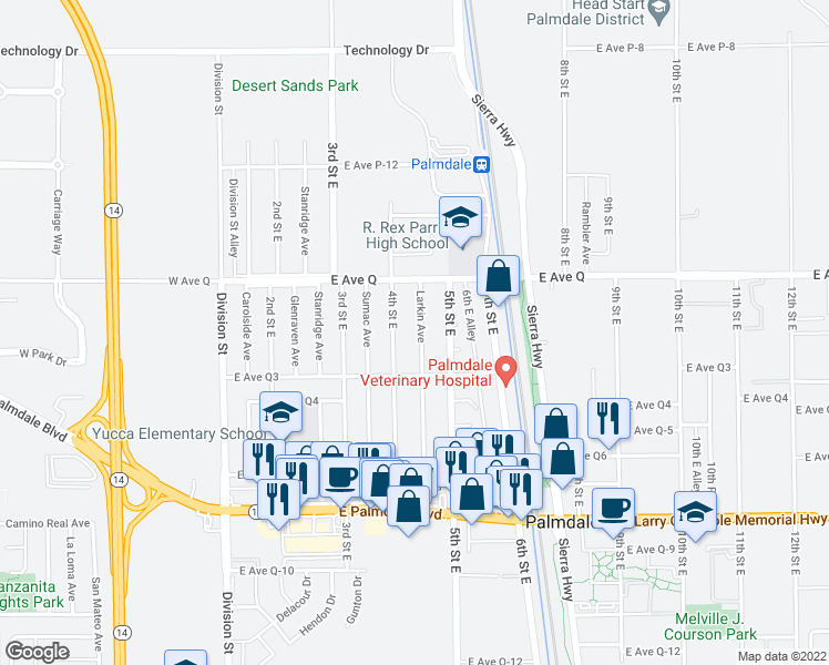 map of restaurants, bars, coffee shops, grocery stores, and more near 38647 Larkin Avenue in Palmdale