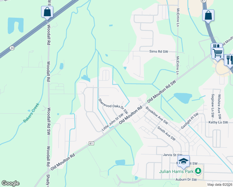 map of restaurants, bars, coffee shops, grocery stores, and more near 2705 King Arthur Court Southwest in Decatur