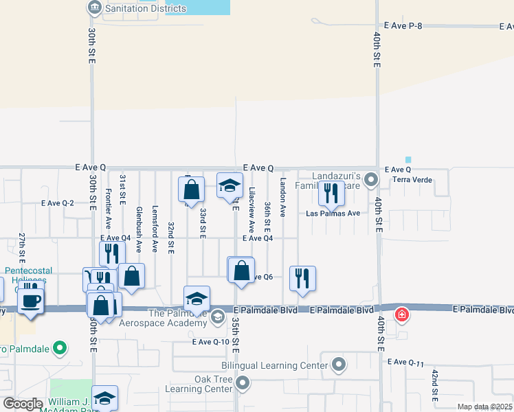 map of restaurants, bars, coffee shops, grocery stores, and more near 38656 Lilacview Avenue in Palmdale