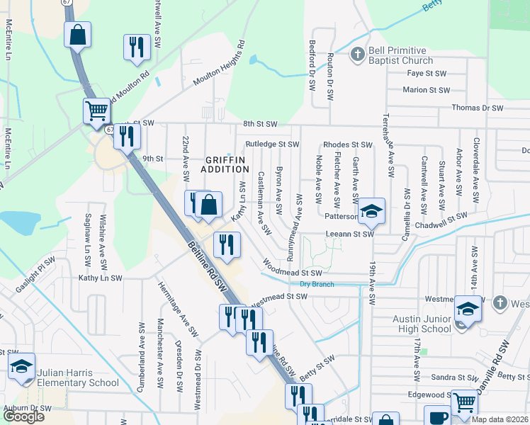 map of restaurants, bars, coffee shops, grocery stores, and more near 1304 Castleman Avenue Southwest in Decatur
