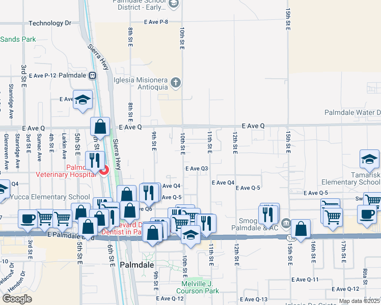 map of restaurants, bars, coffee shops, grocery stores, and more near 38636 10th Street East in Palmdale