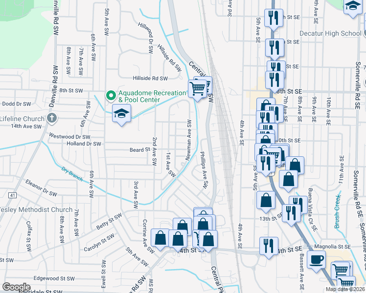 map of restaurants, bars, coffee shops, grocery stores, and more near 116 Beard Street Southwest in Decatur