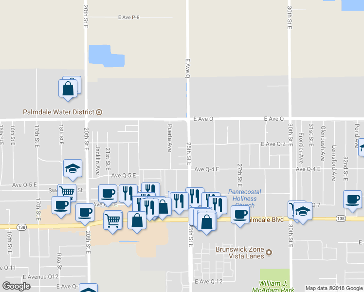 map of restaurants, bars, coffee shops, grocery stores, and more near 38657 25th Street East in Palmdale