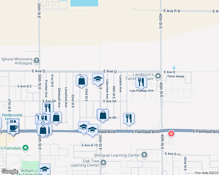 map of restaurants, bars, coffee shops, grocery stores, and more near 38656 Lilacview Avenue in Palmdale