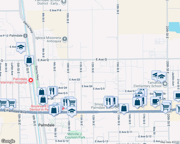 map of restaurants, bars, coffee shops, grocery stores, and more near 38722 11th Street East in Palmdale