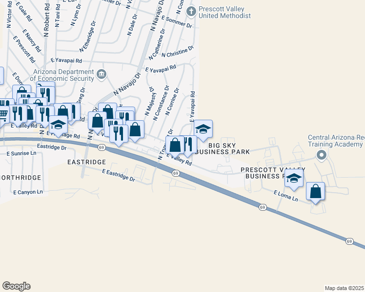 map of restaurants, bars, coffee shops, grocery stores, and more near 2924 North Yavapai Road East in Prescott Valley