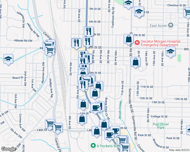 map of restaurants, bars, coffee shops, grocery stores, and more near 1406 7th Ave SE in Decatur