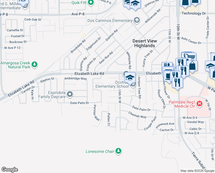 map of restaurants, bars, coffee shops, grocery stores, and more near 1550 Bengal Court in Palmdale
